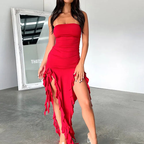 Women's Elegant Off Shoulder Strapless Ruffle Skirt High Slit Midi Dress Sexy Sleeveless Party Dress