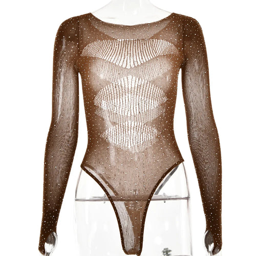 Womens Sexy Bodysuit Rhinestone Mesh Hollow Lace Cutout Long Sleeve high Stretch Shirt  Hot Girl Fashion