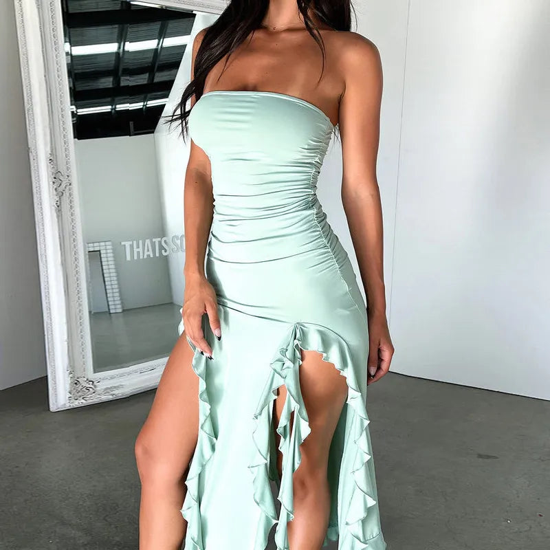 Women's Elegant Off Shoulder Strapless Ruffle Skirt High Slit Midi Dress Sexy Sleeveless Party Dress