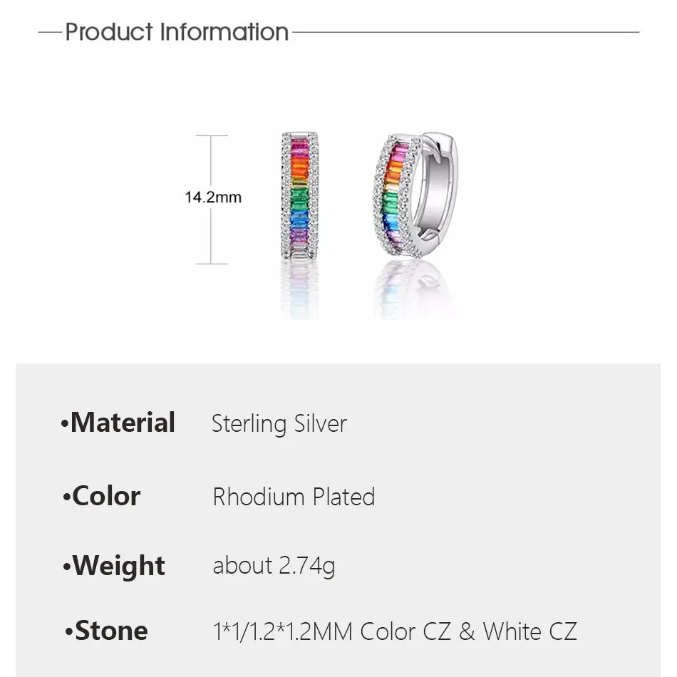 Rainbow Zircon Hoop Earrings 925 Sterling Silver for Women Colorful Hypoallergenic Waterproof Jewelry