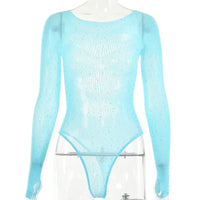 Womens Sexy Bodysuit Rhinestone Mesh Hollow Lace Cutout Long Sleeve high Stretch Shirt  Hot Girl Fashion