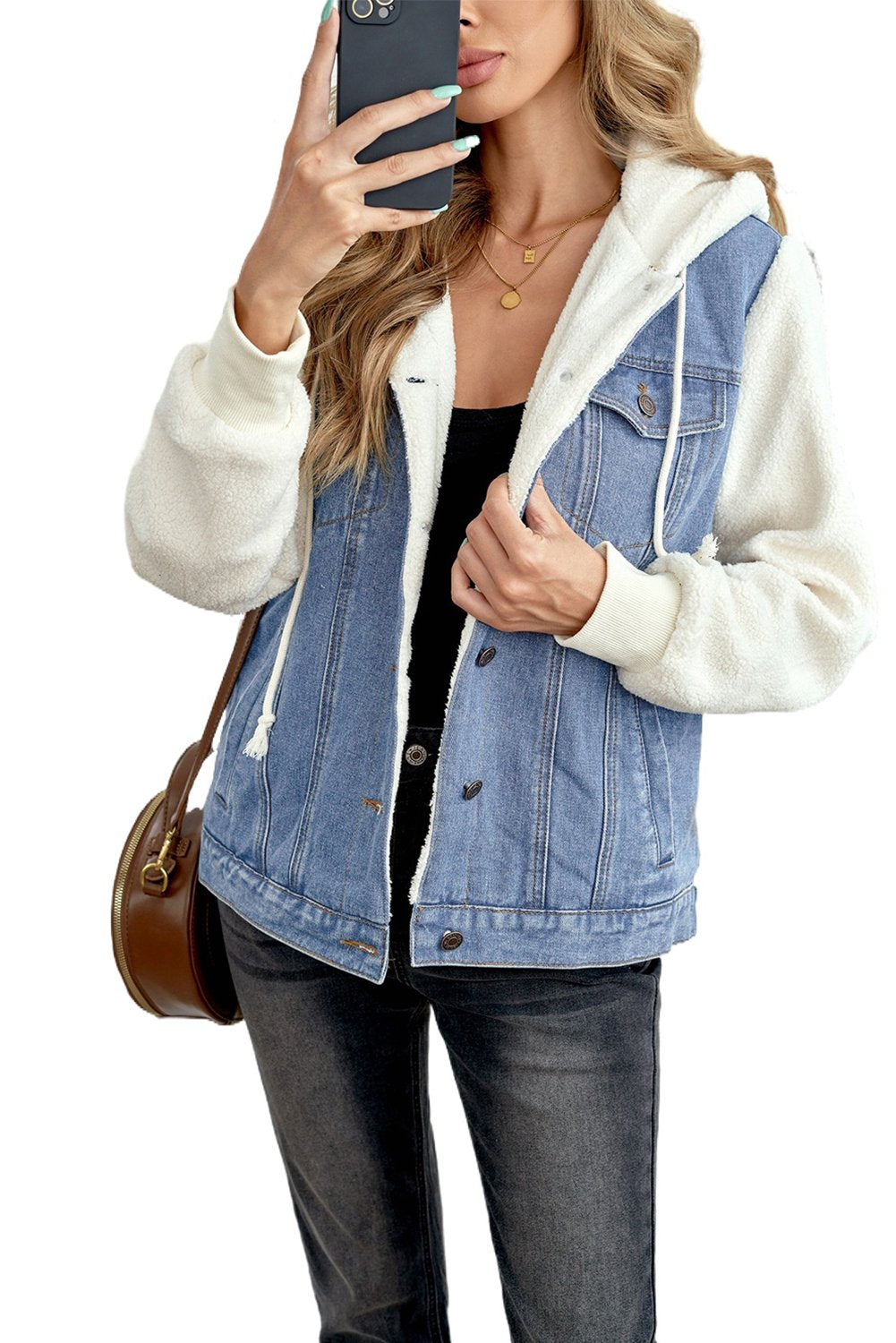 Womens Sky Blue White Sherpa Denim Splicing Buttoned Jacket