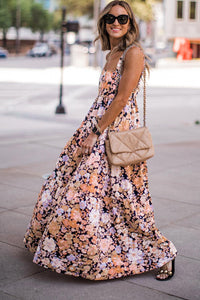 Maxi Sundress Multicolor Floral Print Scoop Backless Long Dress