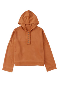 Orange Casual Hooded Sweater Button Solid Patchwork Trim Hoodie