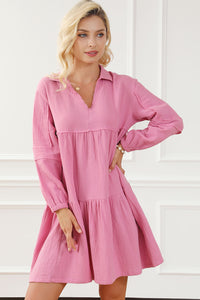 Pink Shirt Dress Women’s Collared Neck Crinkled Tiered Casual Mini Dress