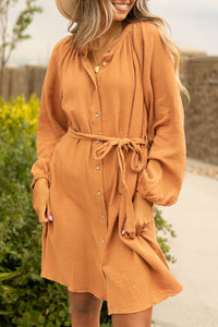 Camel Puff Sleeve Crinkled Shirt Dress