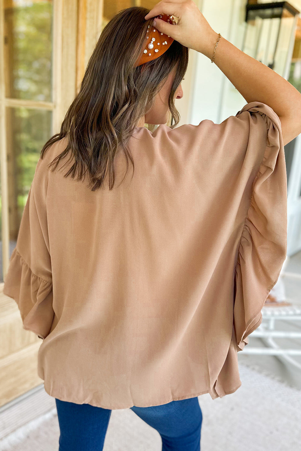 Khaki Nude Shirt Plus Size Ruffled Batwing Sleeve V Neck Blouse Oversize Baggy