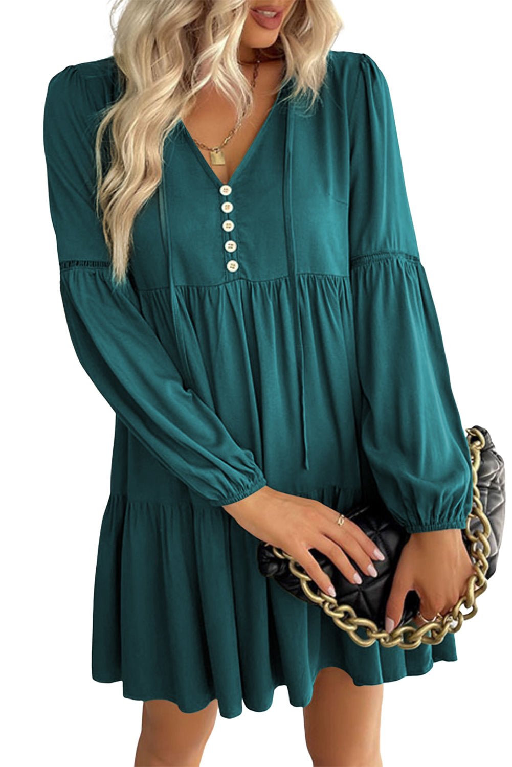 Sea Green Lace Puff Sleeve Buttoned Tiered Ruffled Mini Dress