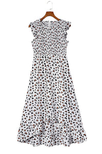 White Leopard Smocked High Low Midi Dress, Casual dress