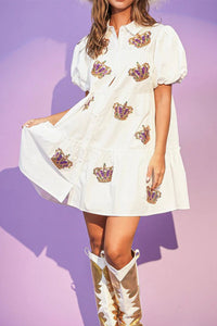 White Sequined Mardi Gras Crown Bubble Sleeve Shirt Dress