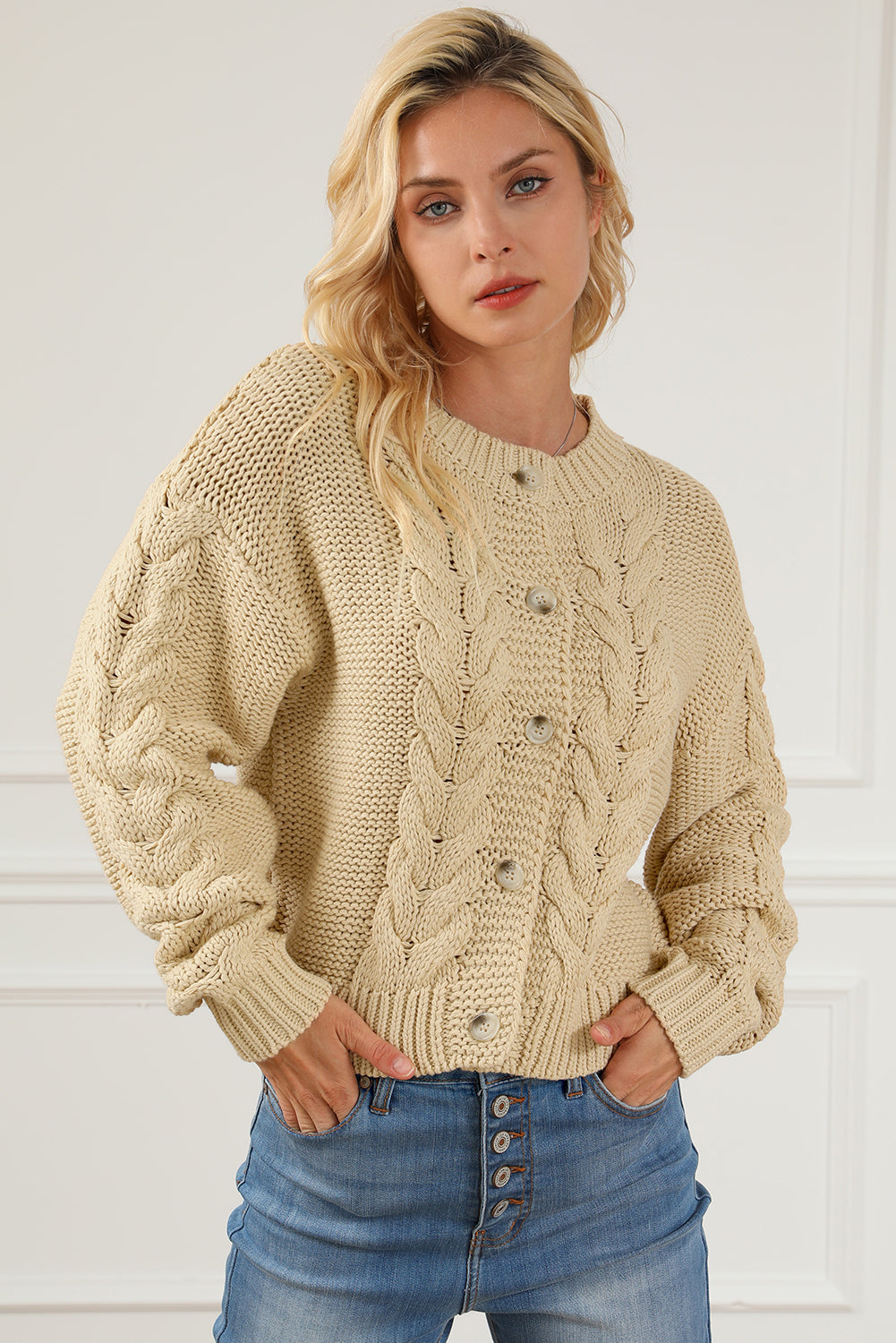 Fashion Open Sweater Apricot Cable Knit Buttoned Cardigan