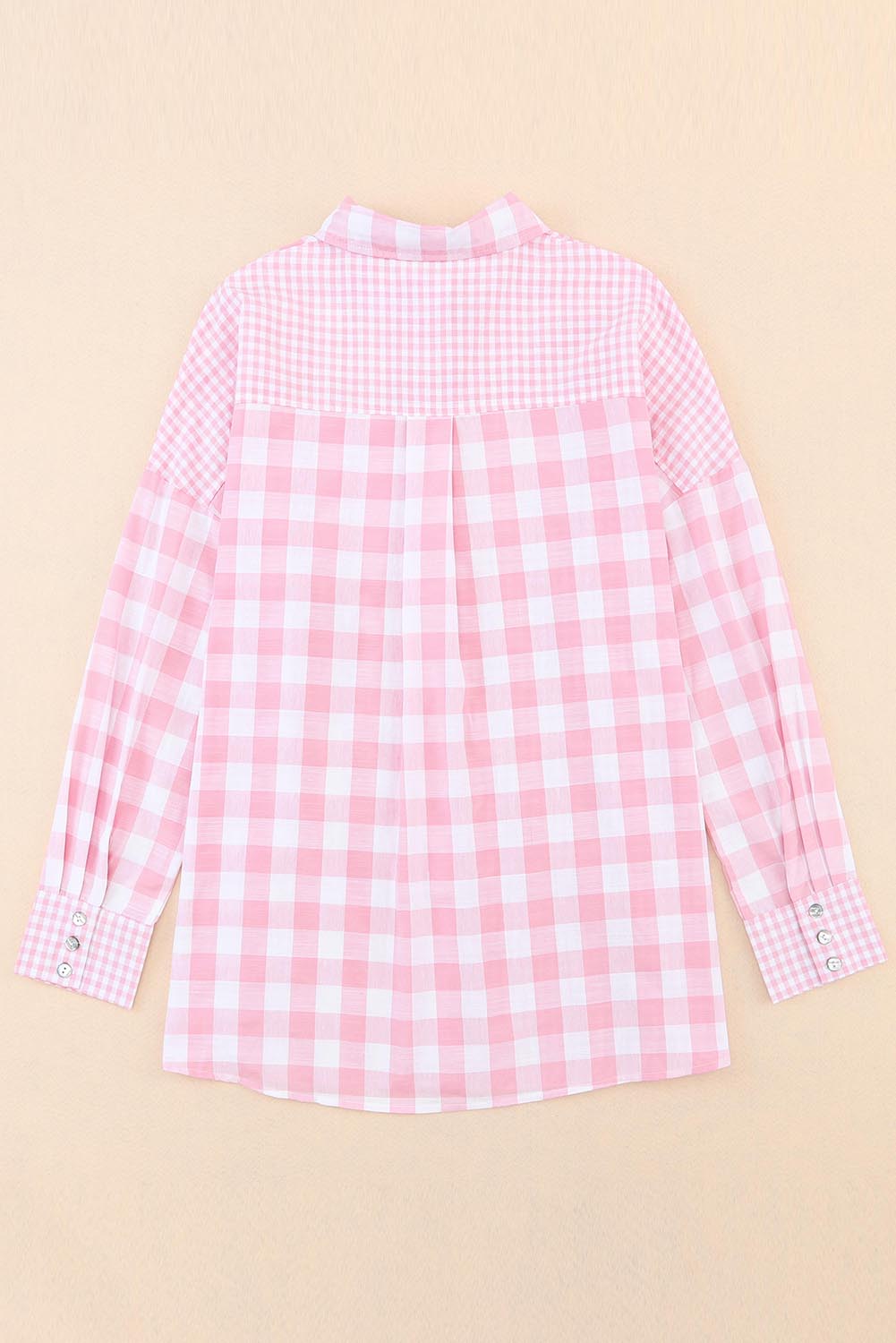 Women's Fashion Top Pink Mix Checked Patchwork Long Sleeve Shirt