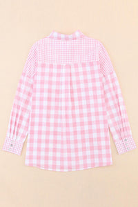 Women's Fashion Top Pink Mix Checked Patchwork Long Sleeve Shirt