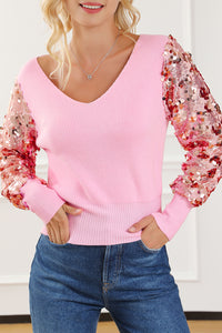 Pink Contrast Sequin Sleeve V Neck Ribbed Knit Sweater