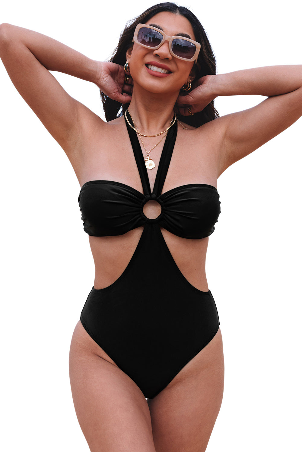 Black Halter O-ring Ruched Bust One Piece Swimsuit