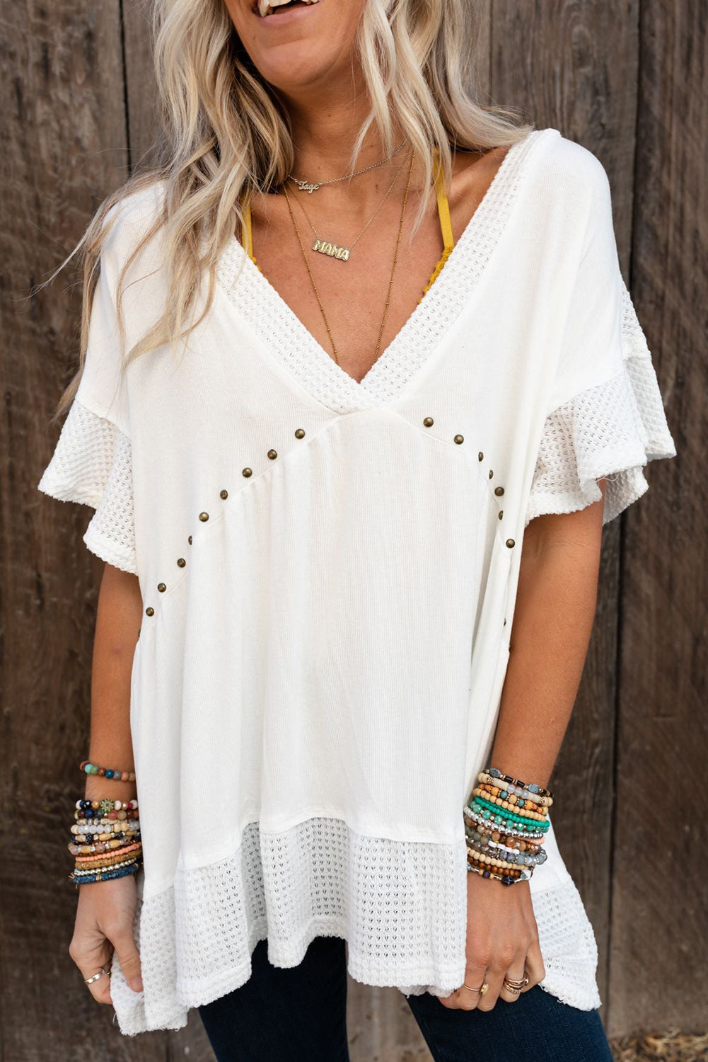 White Contrast Knit Splicing V Neck Studded Blouse