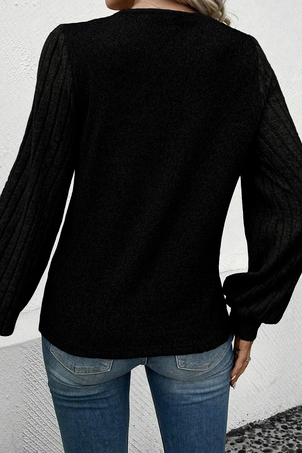 Black Buttoned V Neck Ribbed Puff Long Sleeve Top Womens Fashion Shirts