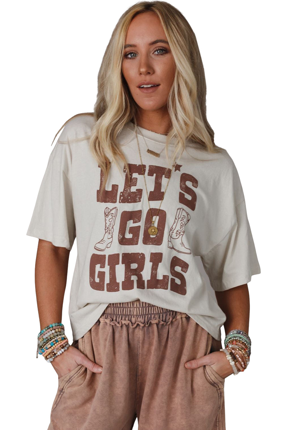 Graphic T Shirt  Motivational White LETS GO GIRLS Western Boots Tee Cotton