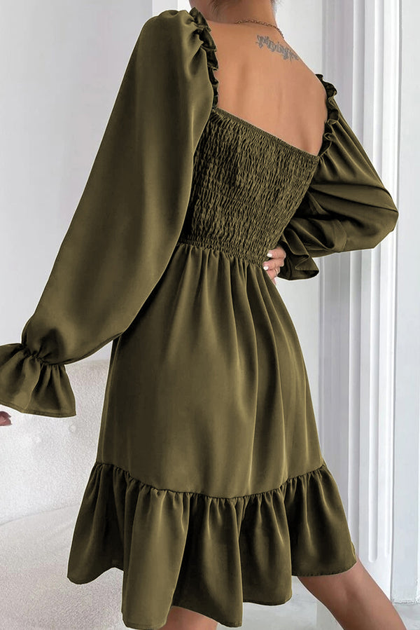 Olive Green Smocked Puff Sleeve Ruffle Long Sleeve Mini Dress