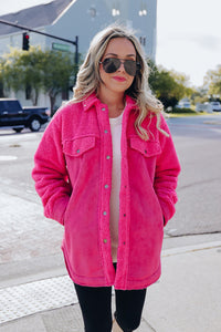 Bright Pink Faux Suede Sherpa Patchwork Button-up Shacket