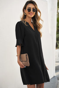 Black Ruffled Short Sleeve Mini Shirt Dress