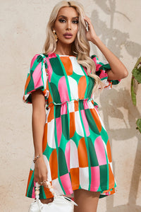 Green Abstract Print Puff Sleeve Short Dress