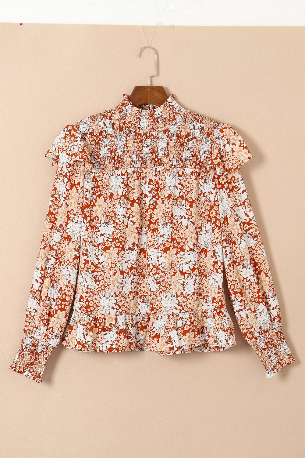 Women's Long Sleeve Shirt Gold Flame Floral Smocked Sleeve High Neck Ruffled Blouse