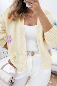 Women’s Open Fashion Sweater Beige Cute Flower Embellished Buttoned Cardigan