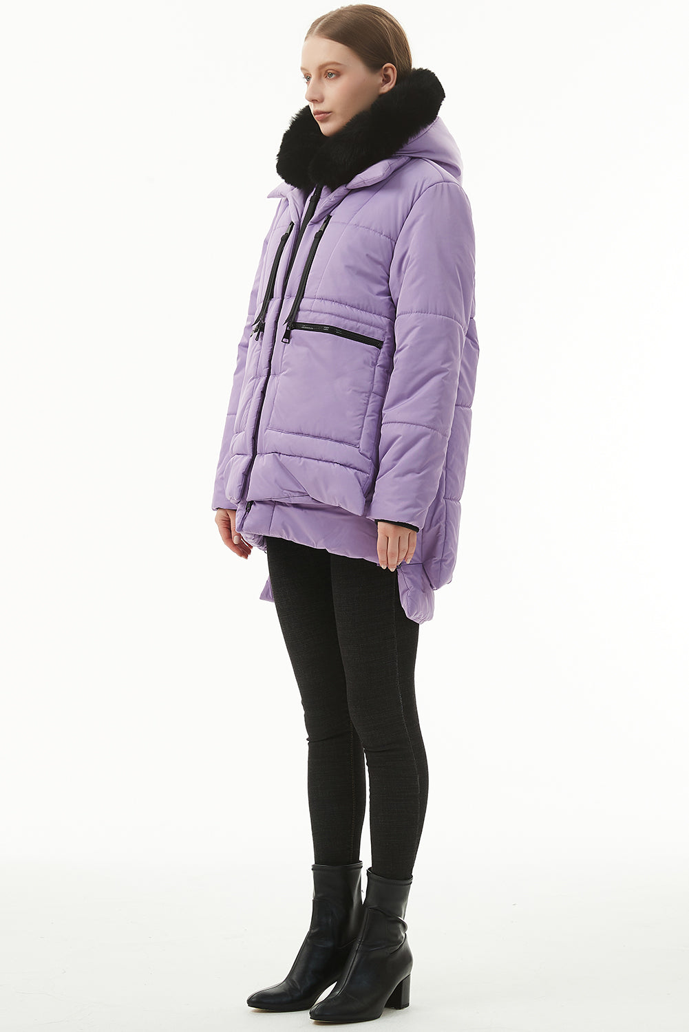 Women's Hooded Puffer Coat Purple  Plush Linen Zip Up Fashion Warm Jacket Outerwear