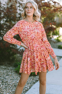 Printed Floral Long Sleeve Frill Tiered Mini Short Dress