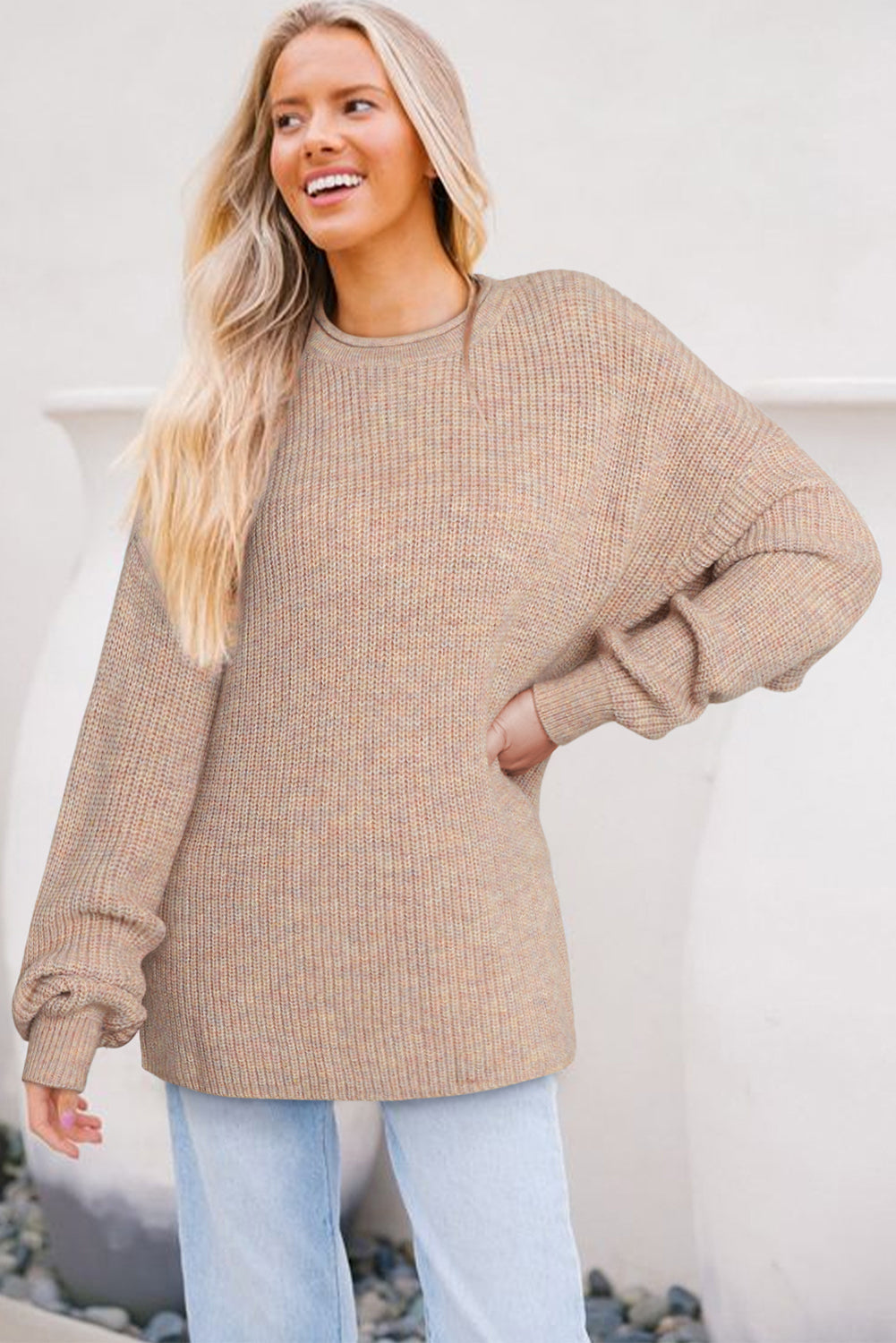 Multicolor Rolled Round Neck Drop Shoulder Sweater