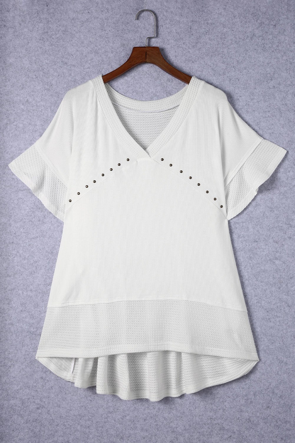 White Contrast Knit Splicing V Neck Studded Blouse