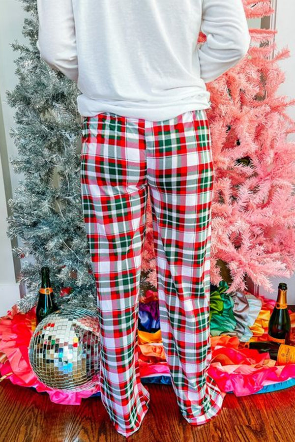 Multicolor Merry Christmas Plaid Print Two Piece Lounge Set, Christmas Pajamas Set