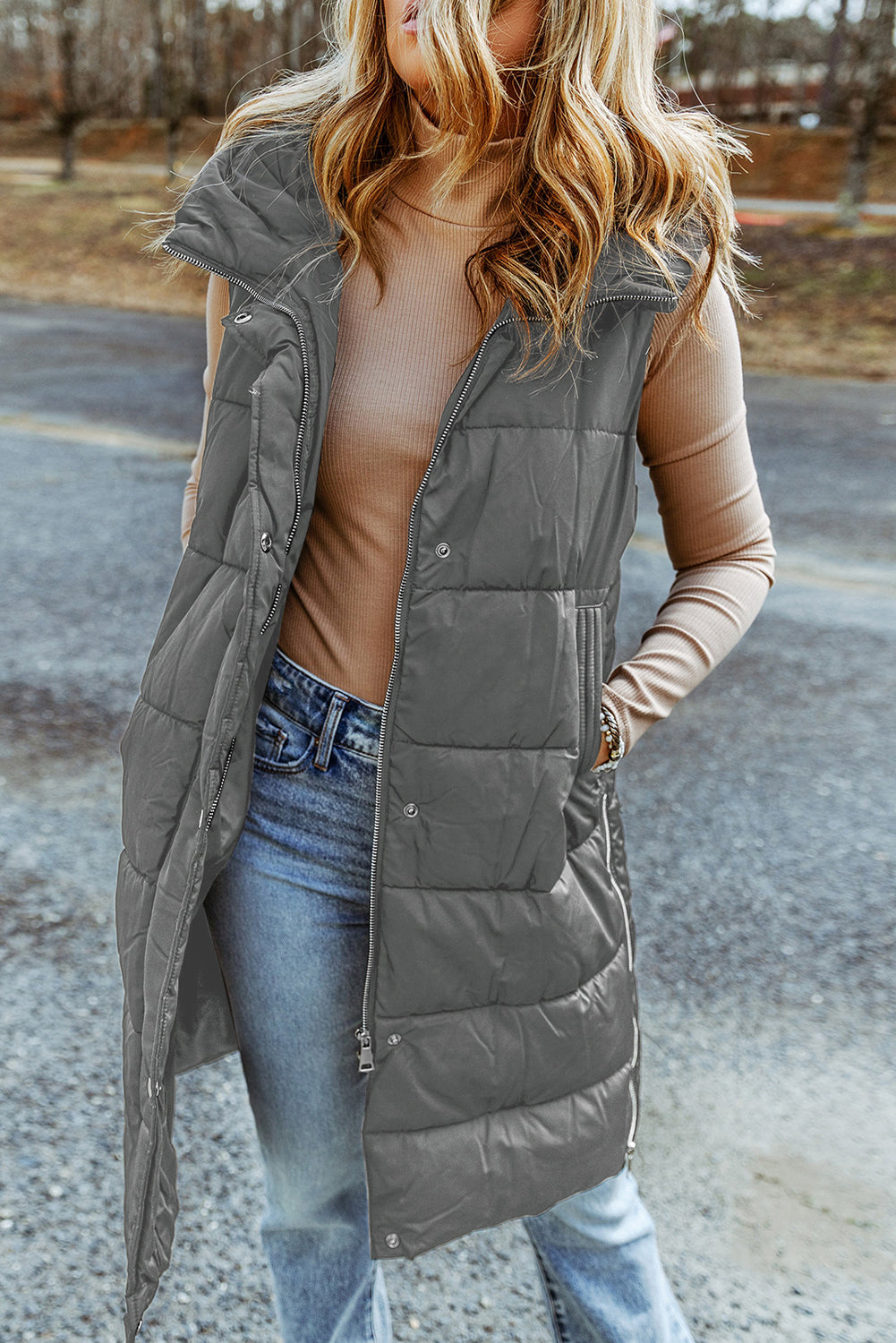 Dark Grey Hooded Long Quilted Vest Coat