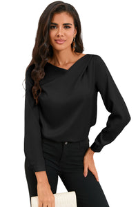 Black Long Sleeve Shirt, Womens Solid Asymmetric V Neck Long Sleeve Satin Style Blouse