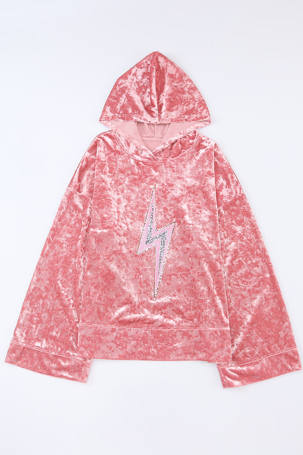 Womens Long Sleeve Shirt With Hood Pink Thunder Bolt Sequin Oversized Hoodie