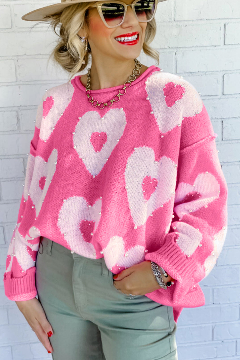 Pink Sweatshirt Heart Print Pearl Beaded Heart Drop Shoulder Sweater