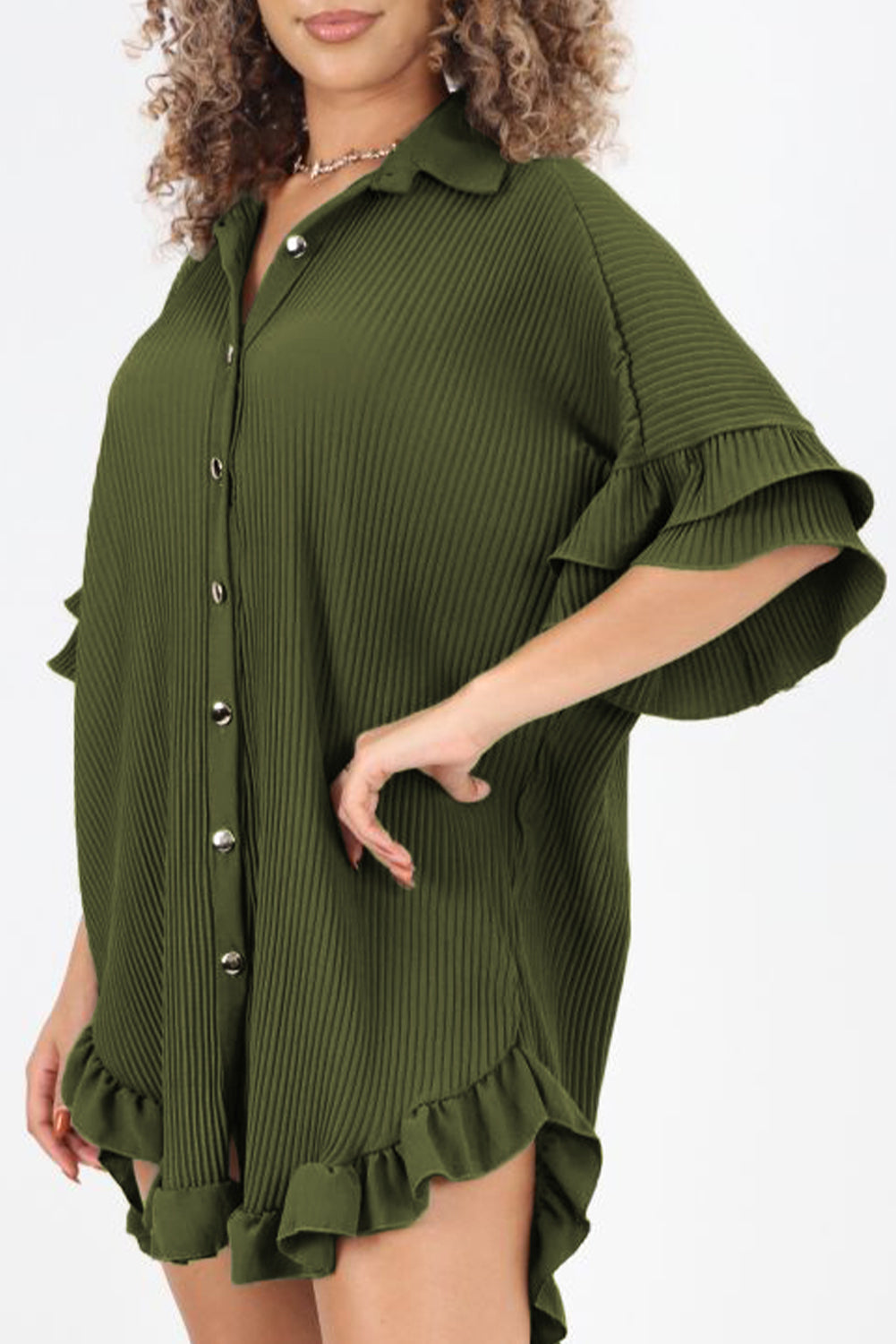 Women's Olive Green Button Down Long Blouse Moss Green High-low Hem Ruffle Sleeve Pleated Shirt Dress