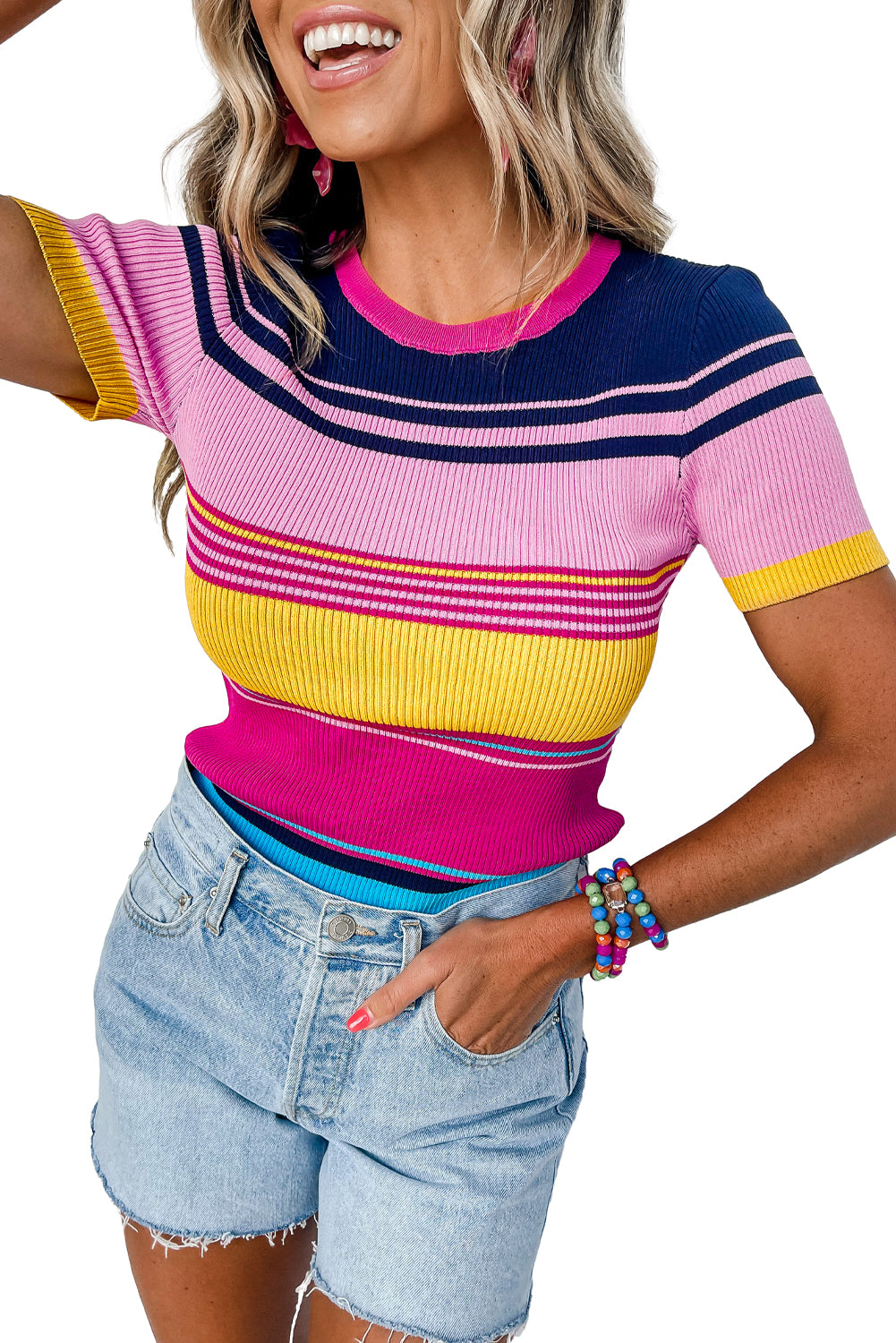 Pink Short Sleeve Sweater Mixed Stripes Ribbed Knit Top