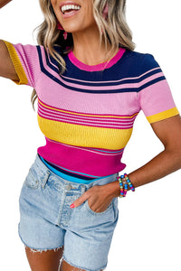 Pink Short Sleeve Sweater Mixed Stripes Ribbed Knit Top