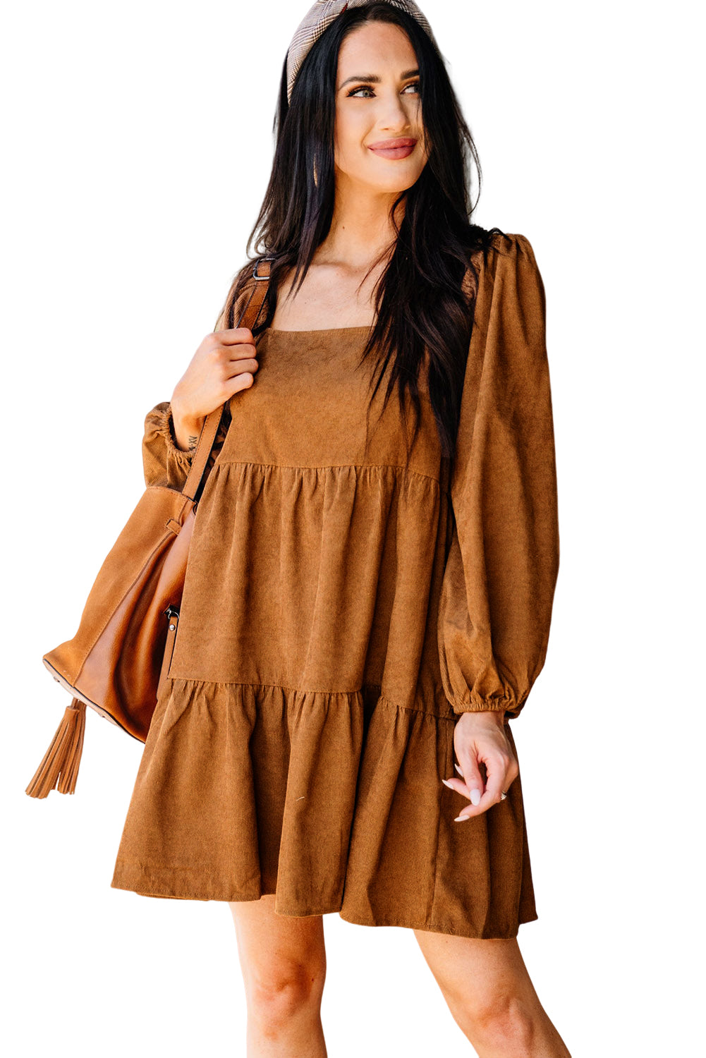 Boho Long Sleeve Dress with pockets  Chestnut Square Neck Puff Sleeve Tiered Corduroy Mini