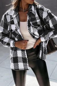 Black Plaid Textured Flap Pocket Shacket Long Sleeve Top