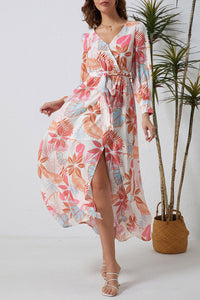 Tropical Plant Print Long Sleeve Wrap V-Neck Slit Maxi Dress