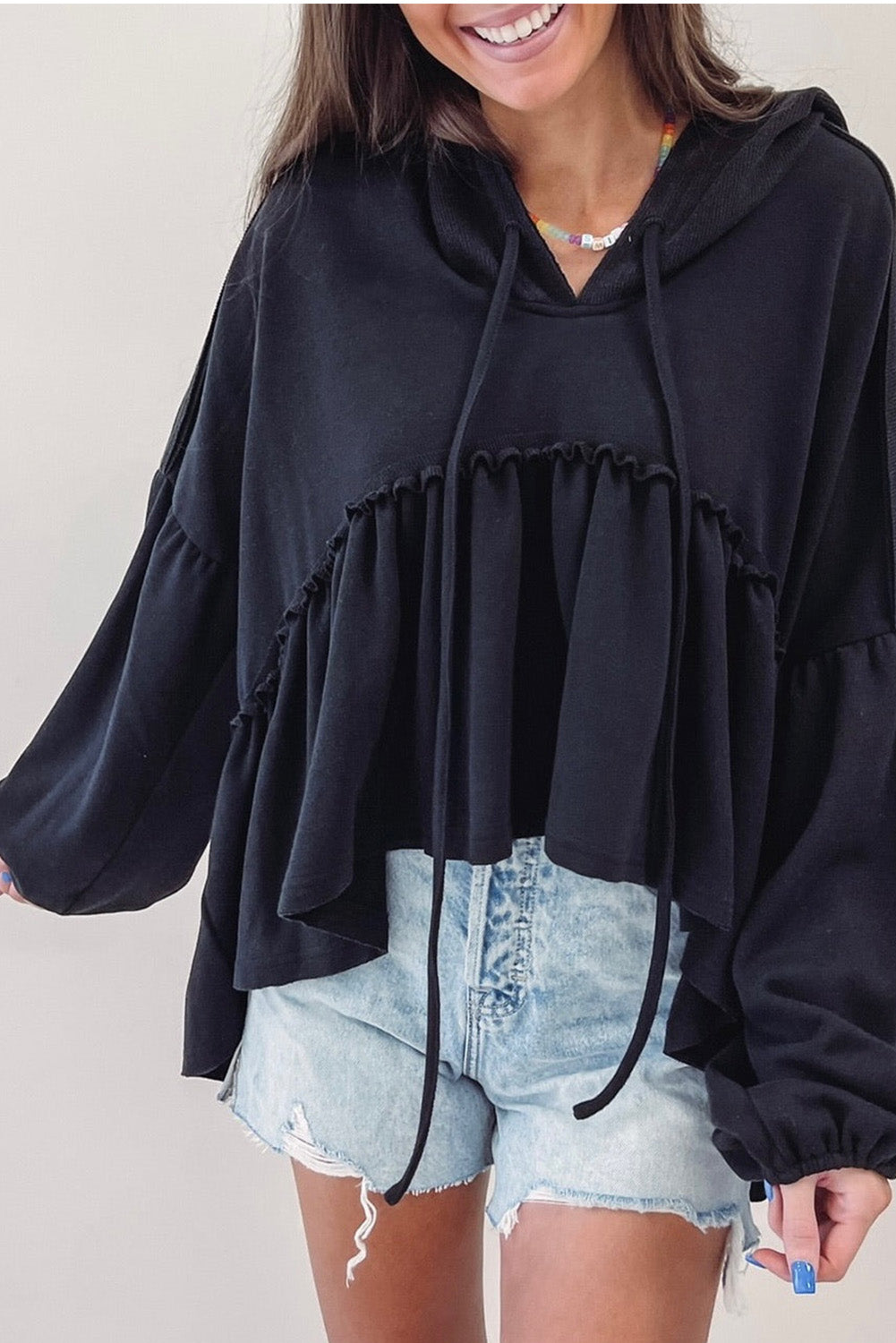 Black Oversized Ruffled High Low Hem Drop Shoulder Hoodie