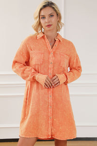 Orange Crinkled Dual Chest Pocket Oversized Shirt Dress Womens Fashion