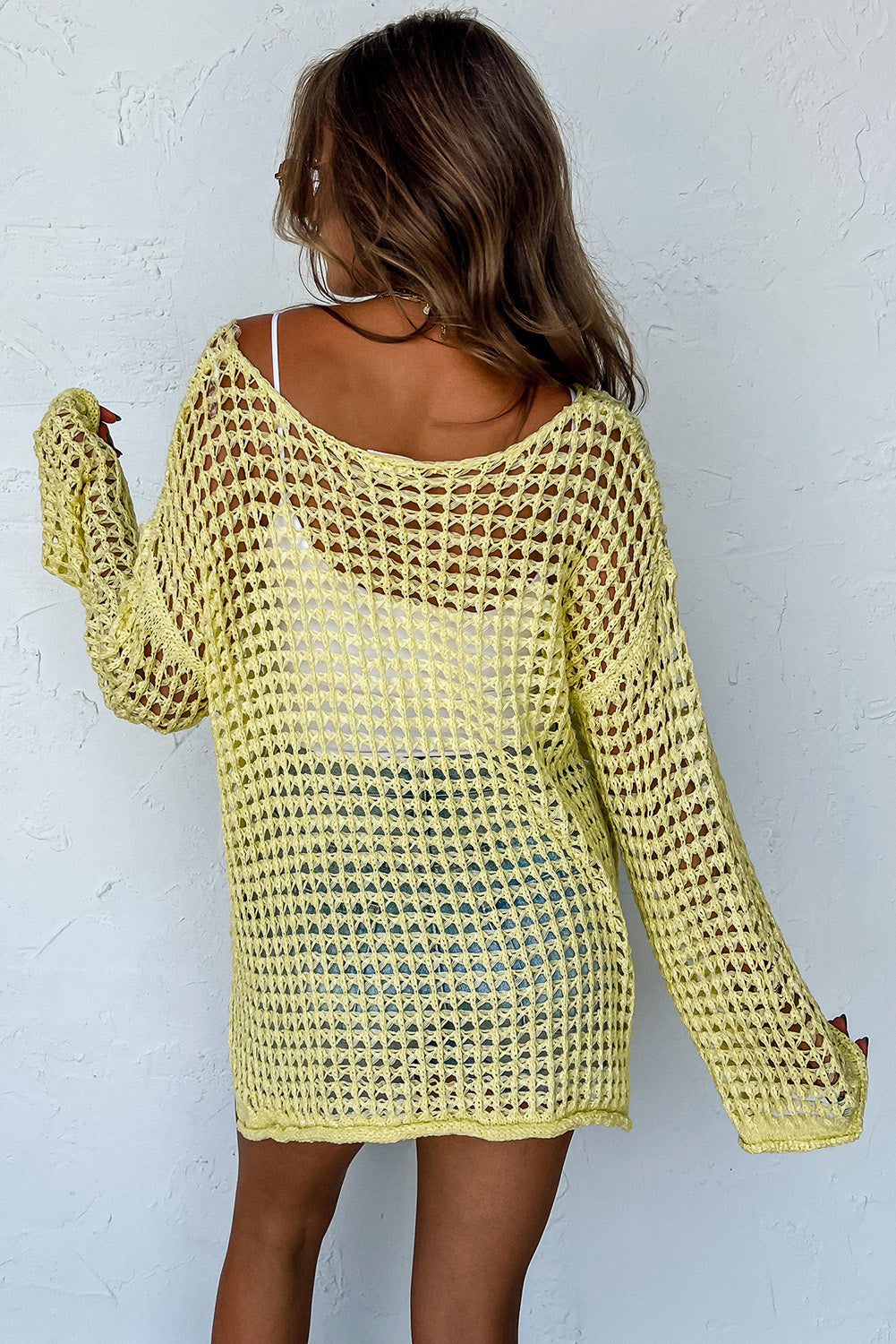 Yellow Open Knit Crochet Bell Sleeve Tunic Sweater Top