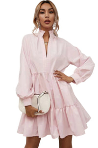 Pink Frilled Stand Collar Long Sleeve Ruffle Dress