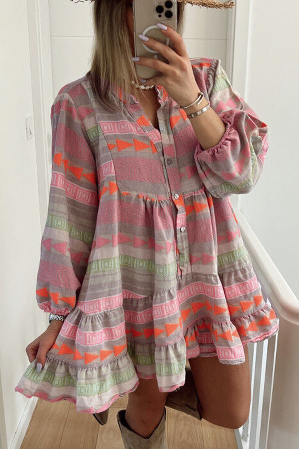 Women’s Short Ruffle Dress Multicolour Boho Print Puff Sleeve Buttoned Babydoll Dress