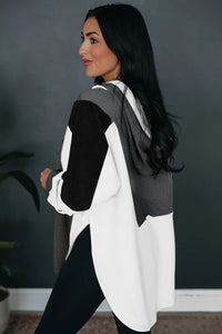 Black Color Block Exposed Seam Buttoned Neckline Hoodie