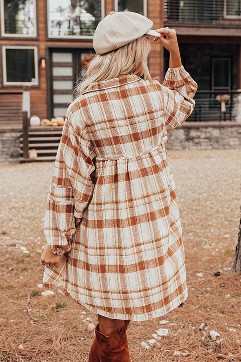 Brown Plaid Print Babydoll Mini Dress